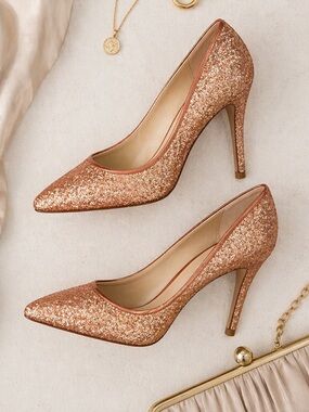 J.Crew Rose Gold Glitter Heels Pumps Stiletto Wedding Party Size 6